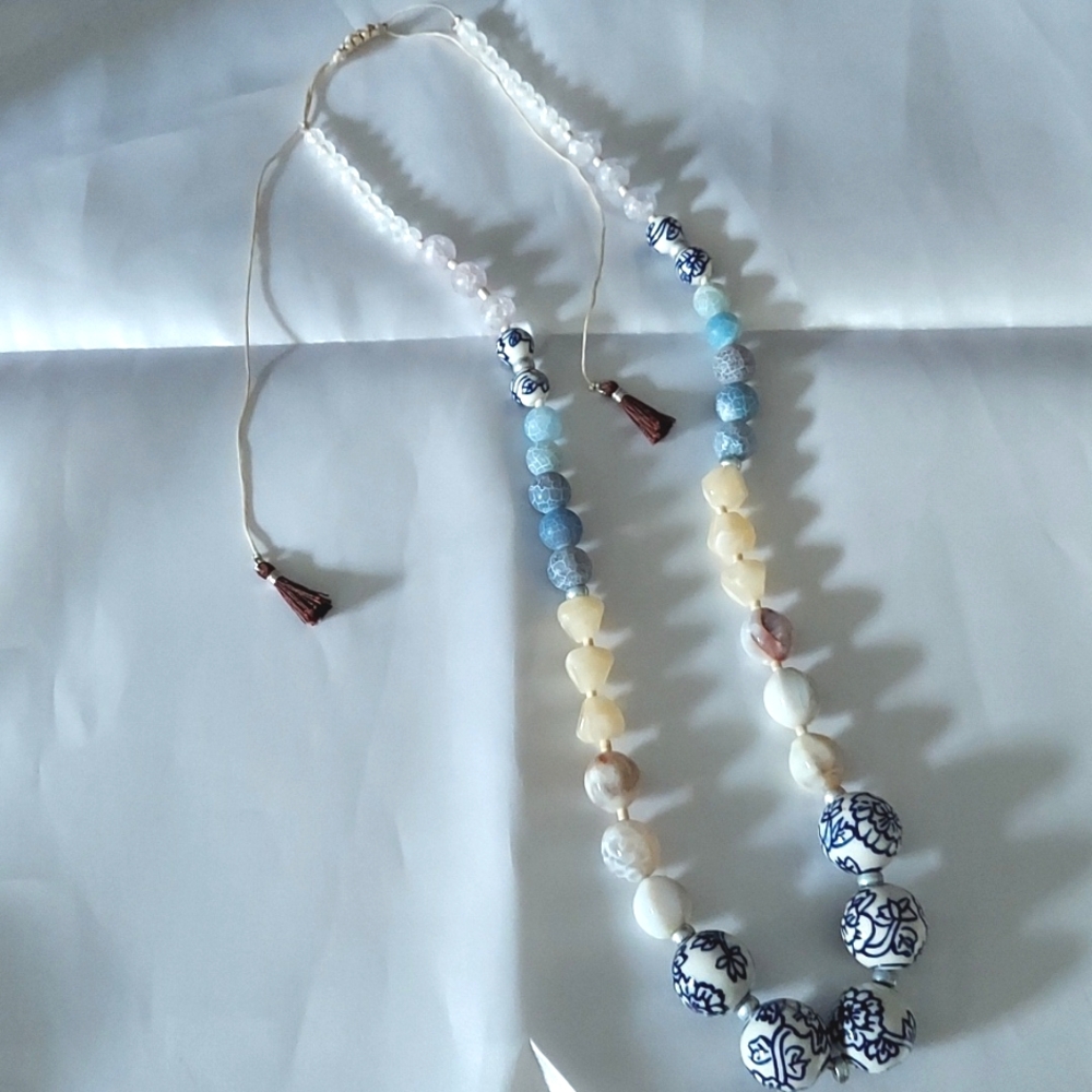 Artisan Necklace, Beaded with Stone,‎ Glass, Ceramic, Slide tassel closure